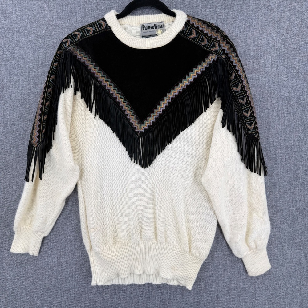 Western Leather Fringe Sweater Black Cream Southwestern Boho Sz S Vintage Indie